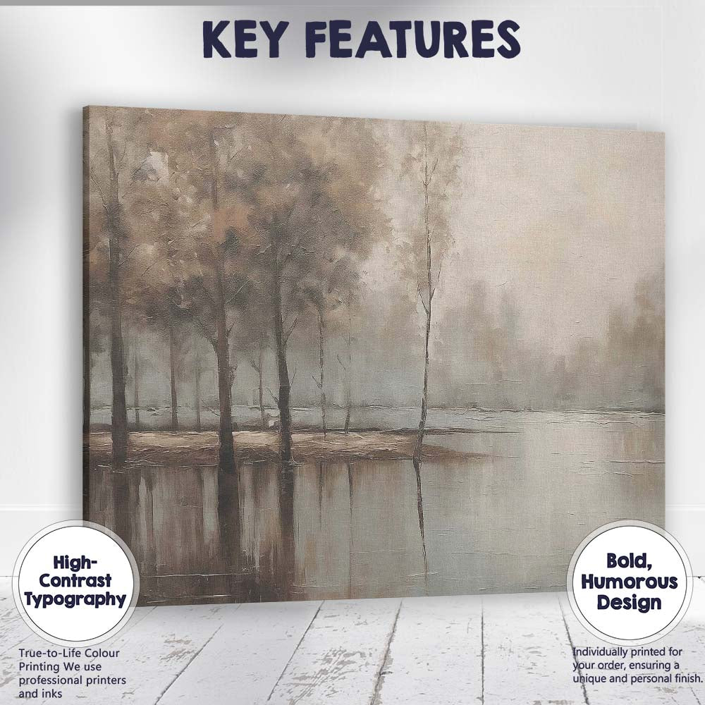 Foggy Woodland Lake Reflection Neutral Landscape Canvas Wall Art Print Decor Picture Ready to Hang