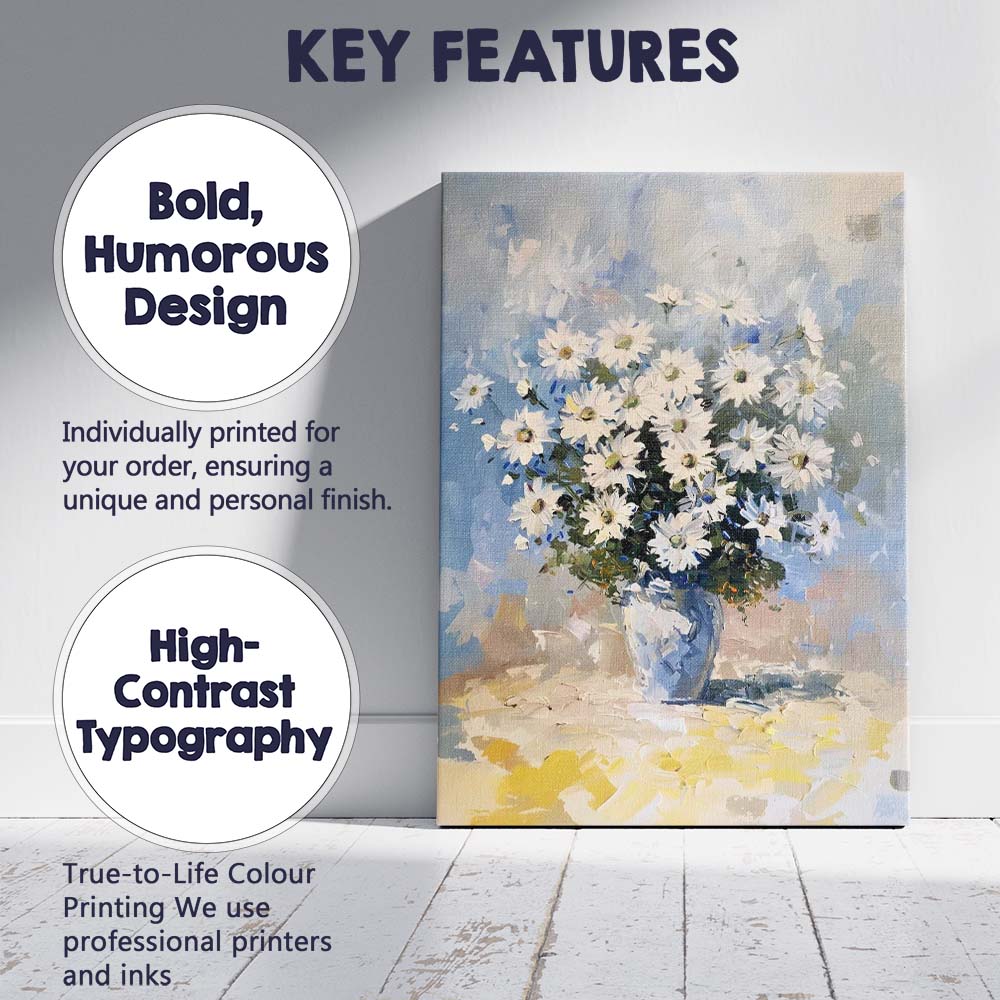 Blue White Daisy Bouquet Impressionist Floral Still Life Canvas Wall Art Print Decor Picture Ready to Hang