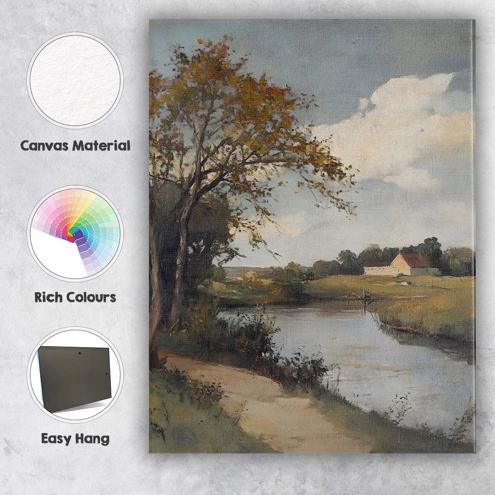 Riverside Country Farmhouse Scenic Pastoral Landscape Canvas Wall Art Print Decor Picture Ready to Hang