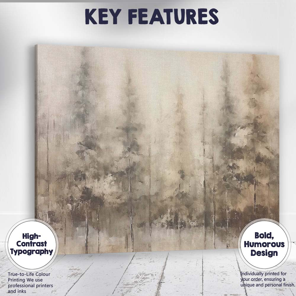 Abstract Misty Pine Forest Monochrome Woodland Canvas Wall Art Print Decor Picture Ready to Hang