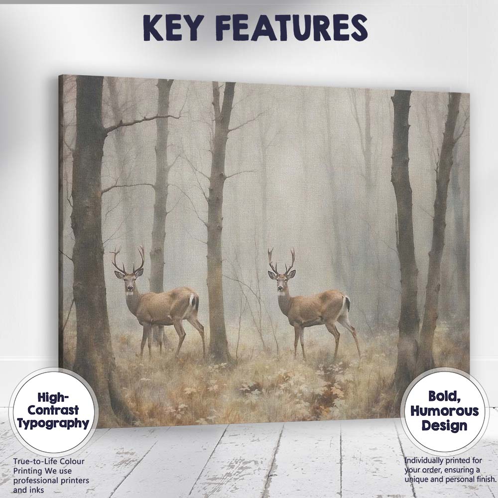 Misty Woodland Deer Wildlife Forest Landscape Canvas Wall Art Print Decor Picture Ready to Hang