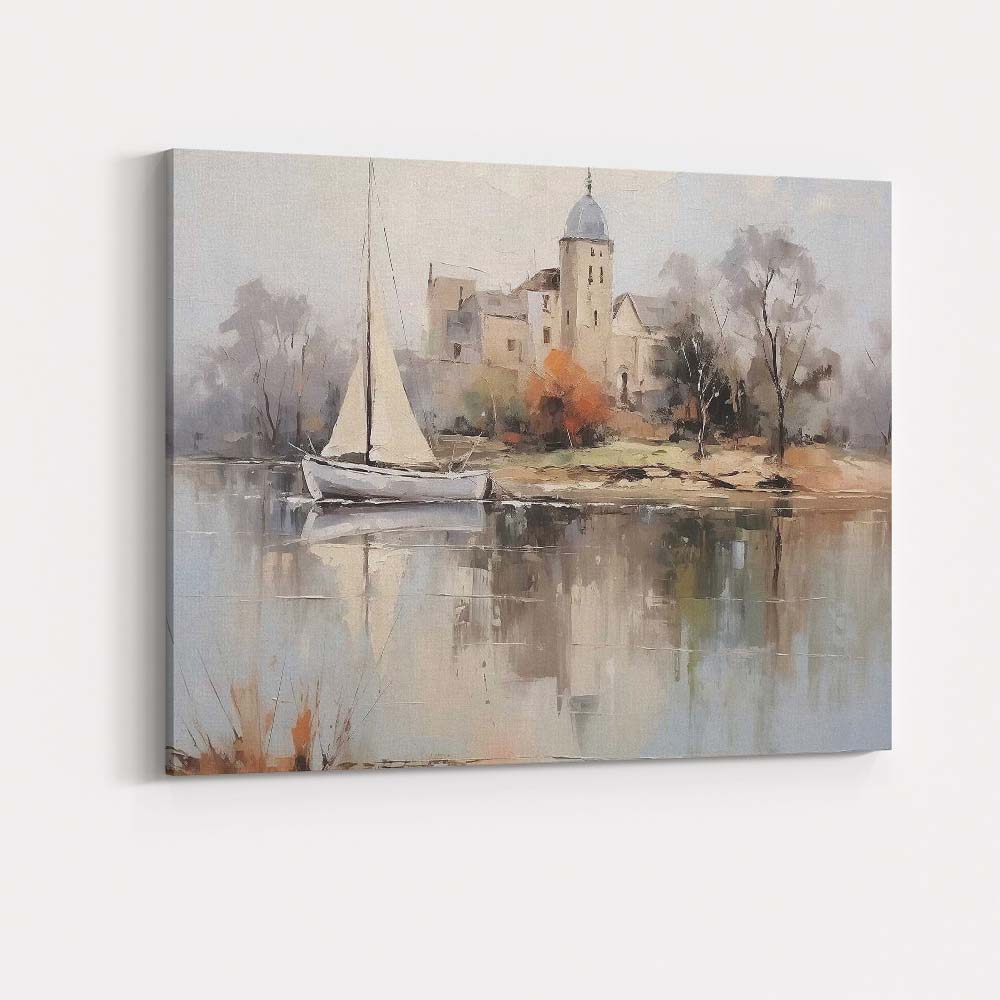 Misty Riverside Sailboat and Historic Church Watercolour Landscape Canvas Wall Art Print Decor Picture Ready to Hang