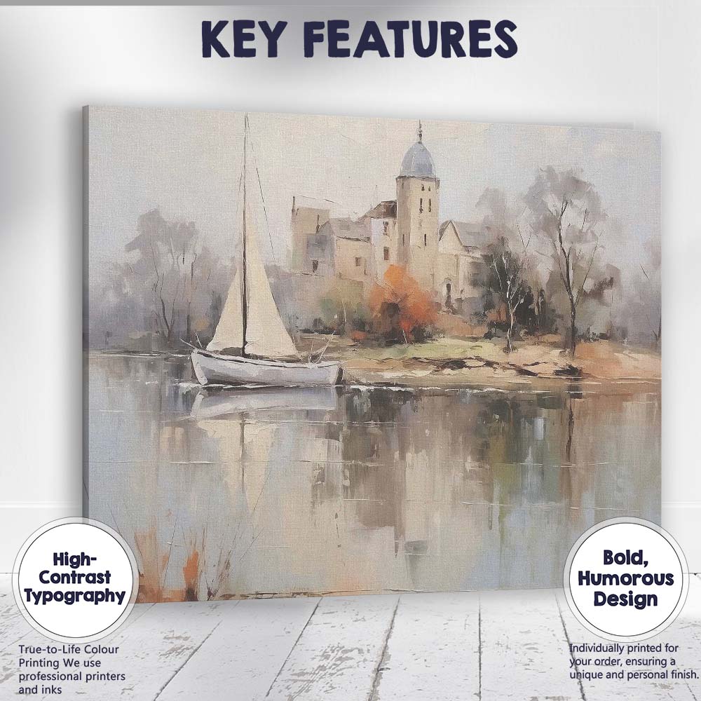 Misty Riverside Sailboat and Historic Church Watercolour Landscape Canvas Wall Art Print Decor Picture Ready to Hang