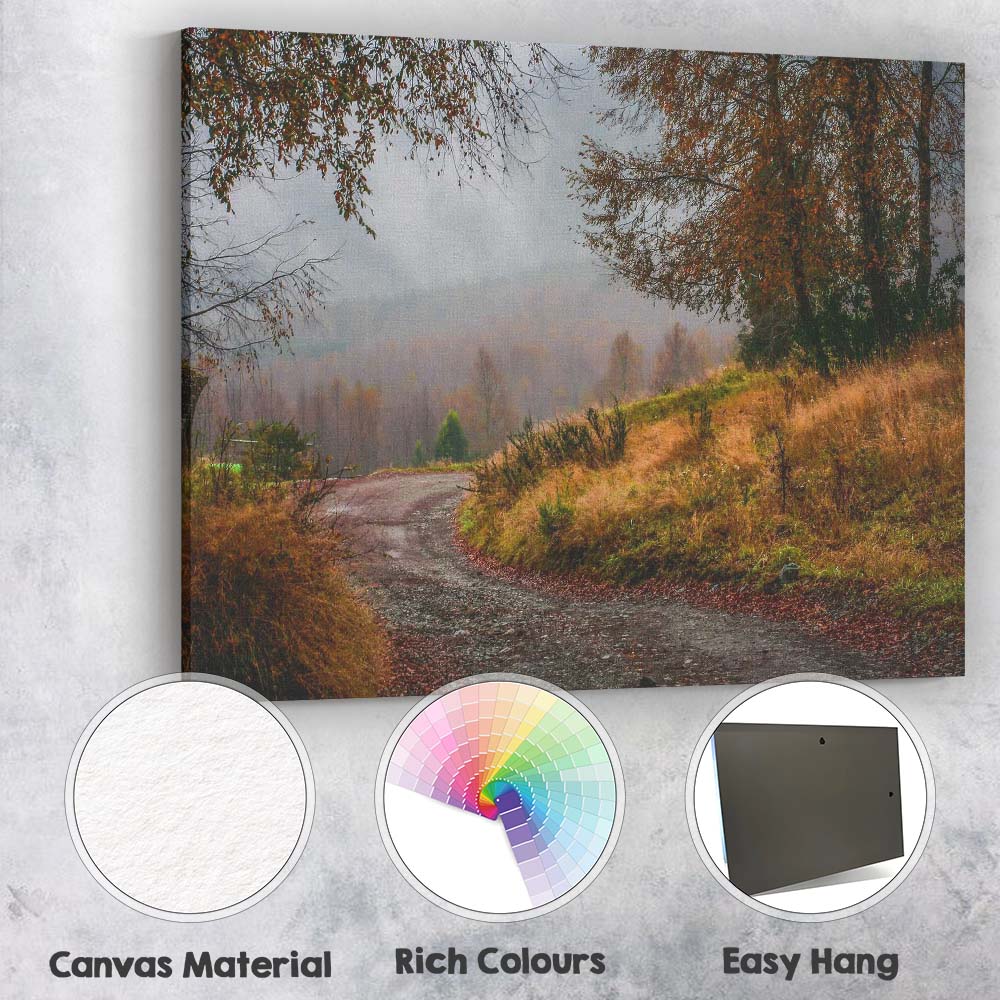 Autumn Country Lane Misty Rural Woodland Landscape Canvas Wall Art Print Decor Picture Ready to Hang