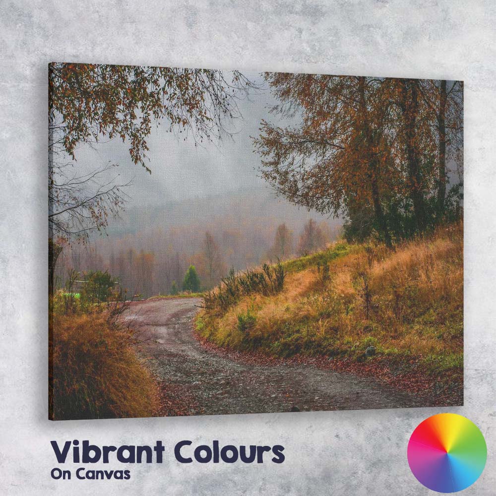 Autumn Country Lane Misty Rural Woodland Landscape Canvas Wall Art Print Decor Picture Ready to Hang