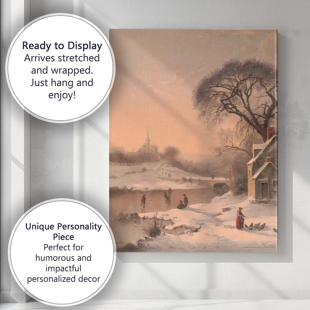 Classic Snowy Village Frozen River Church Winter Landscape Canvas Wall Art Print Decor Picture Ready to Hang