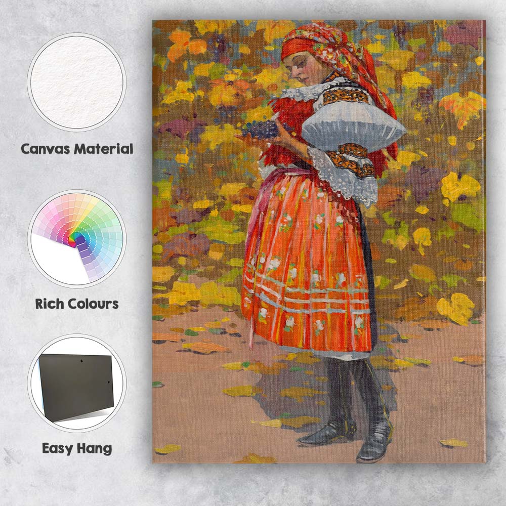 Traditional Folk Woman with Grapes Colourful Harvest Portrait Canvas Wall Art Print Decor Picture Ready to Hang
