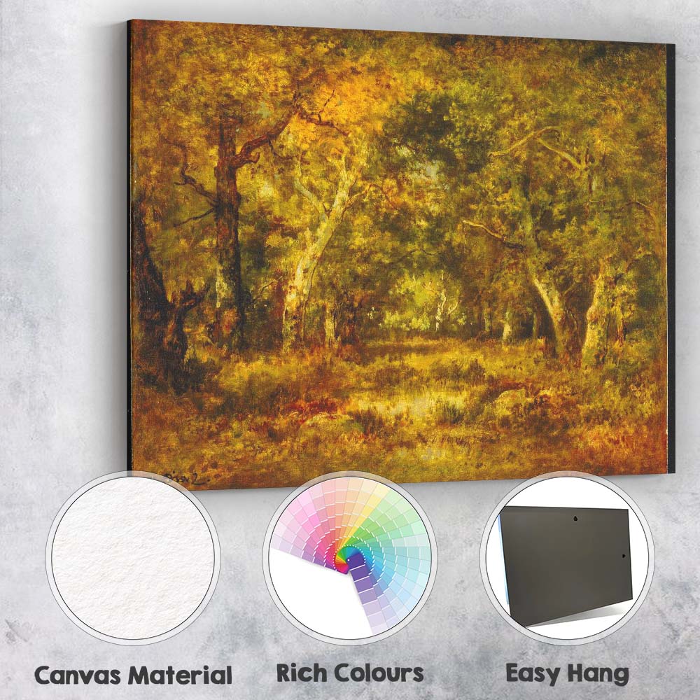 Golden Sunlit Woodland Forest Pond Landscape Painting Canvas Wall Art Print Decor Picture Ready to Hang