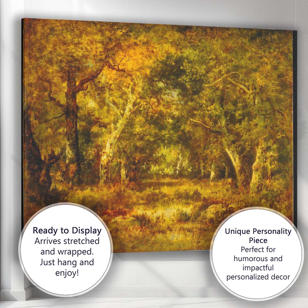 Golden Sunlit Woodland Forest Pond Landscape Painting Canvas Wall Art Print Decor Picture Ready to Hang