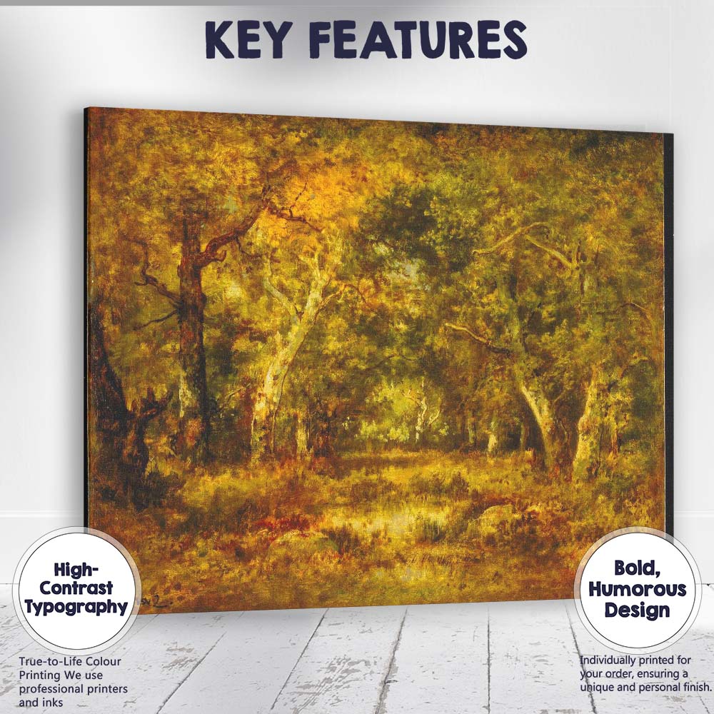 Golden Sunlit Woodland Forest Pond Landscape Painting Canvas Wall Art Print Decor Picture Ready to Hang