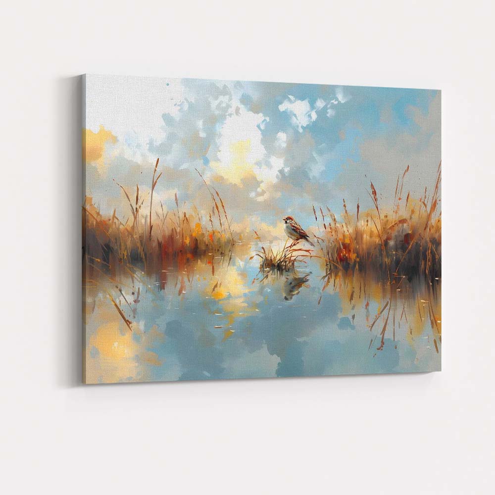 Watercolour Sparrow Wetland Reflection Landscape Soft Blue Sky Canvas Wall Art Print Decor Picture Ready to Hang