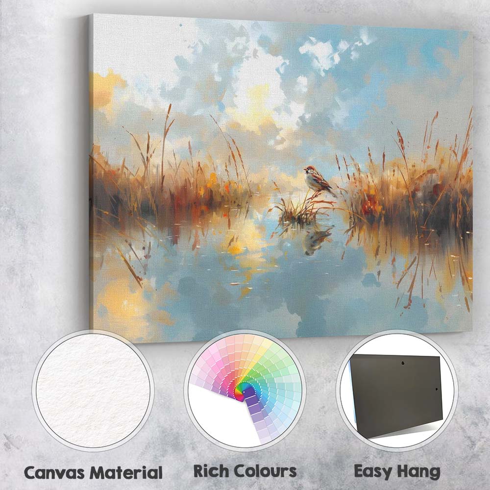 Watercolour Sparrow Wetland Reflection Landscape Soft Blue Sky Canvas Wall Art Print Decor Picture Ready to Hang