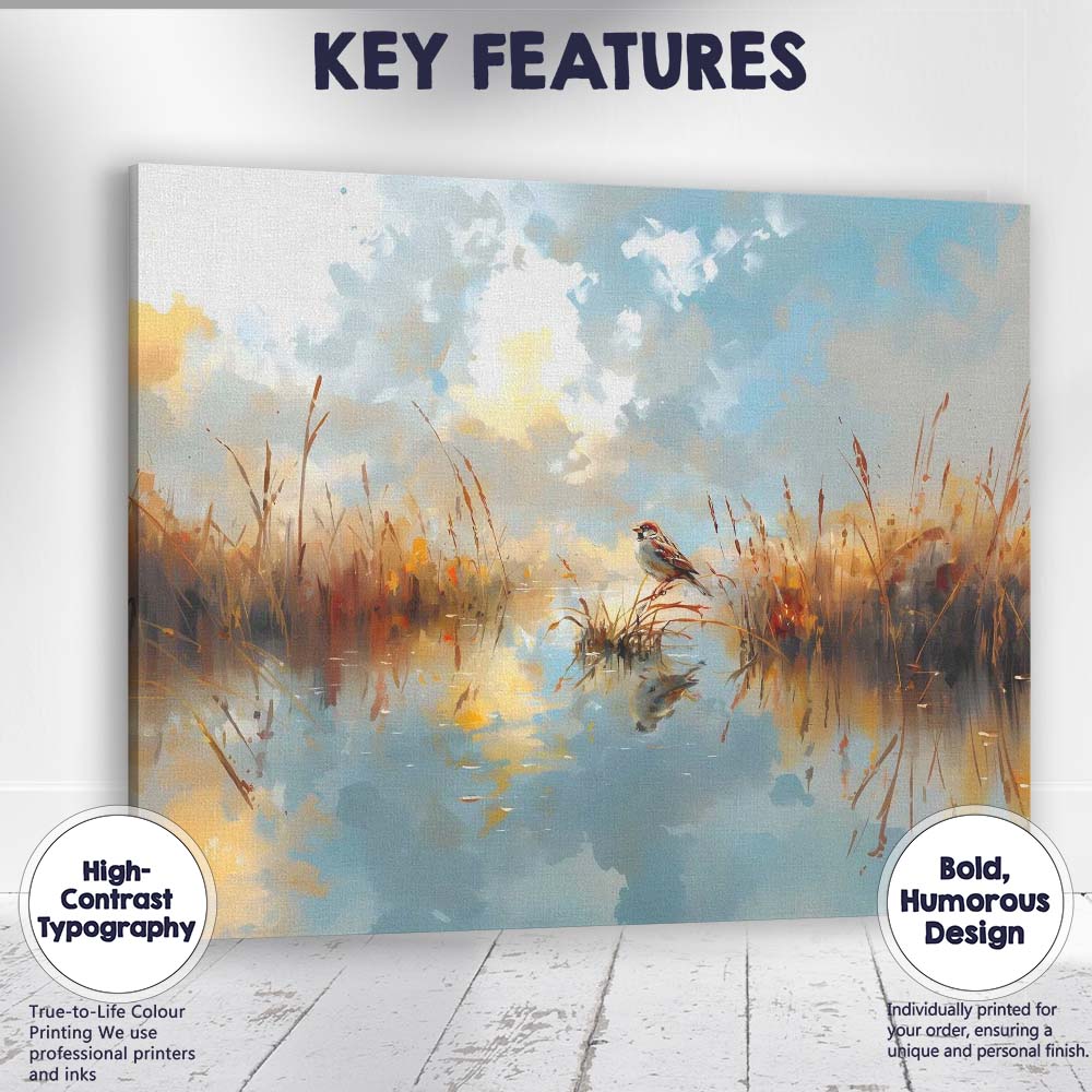Watercolour Sparrow Wetland Reflection Landscape Soft Blue Sky Canvas Wall Art Print Decor Picture Ready to Hang