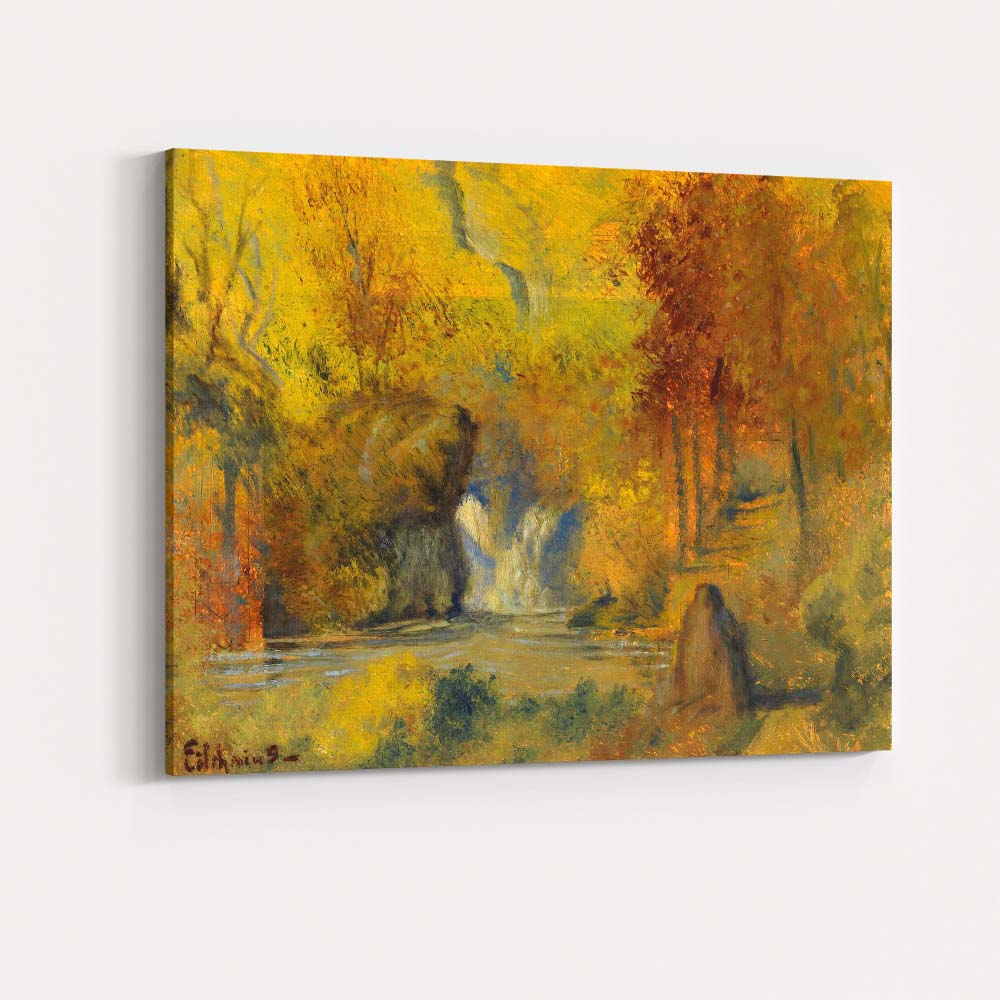 Golden Woodland Waterfall Impressionist Forest Landscape Canvas Wall Art Print Decor Picture Ready to Hang