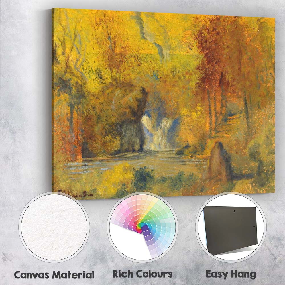 Golden Woodland Waterfall Impressionist Forest Landscape Canvas Wall Art Print Decor Picture Ready to Hang