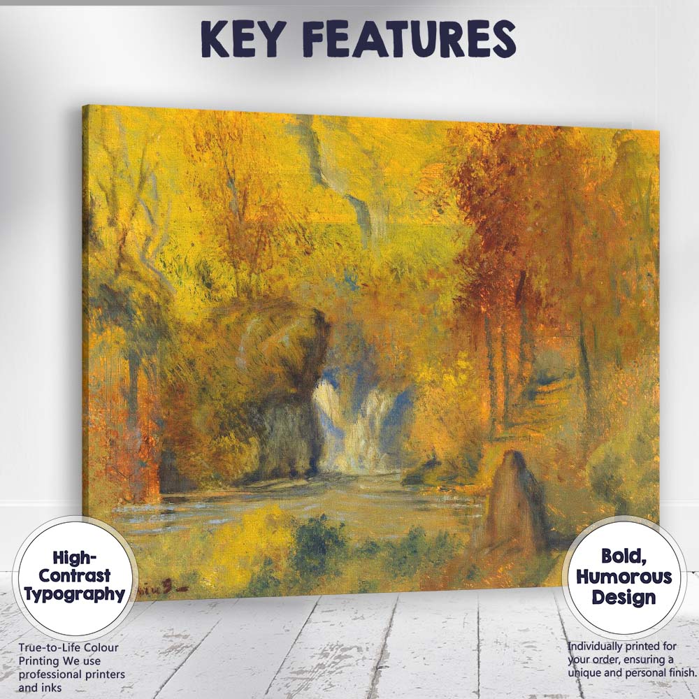Golden Woodland Waterfall Impressionist Forest Landscape Canvas Wall Art Print Decor Picture Ready to Hang