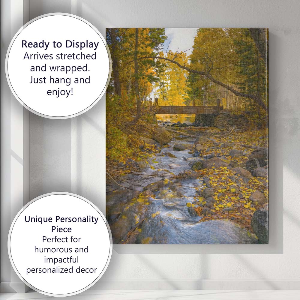 Golden Autumn Forest Bridge and Stream Nature Photography Canvas Wall Art Print Decor Picture Ready to Hang