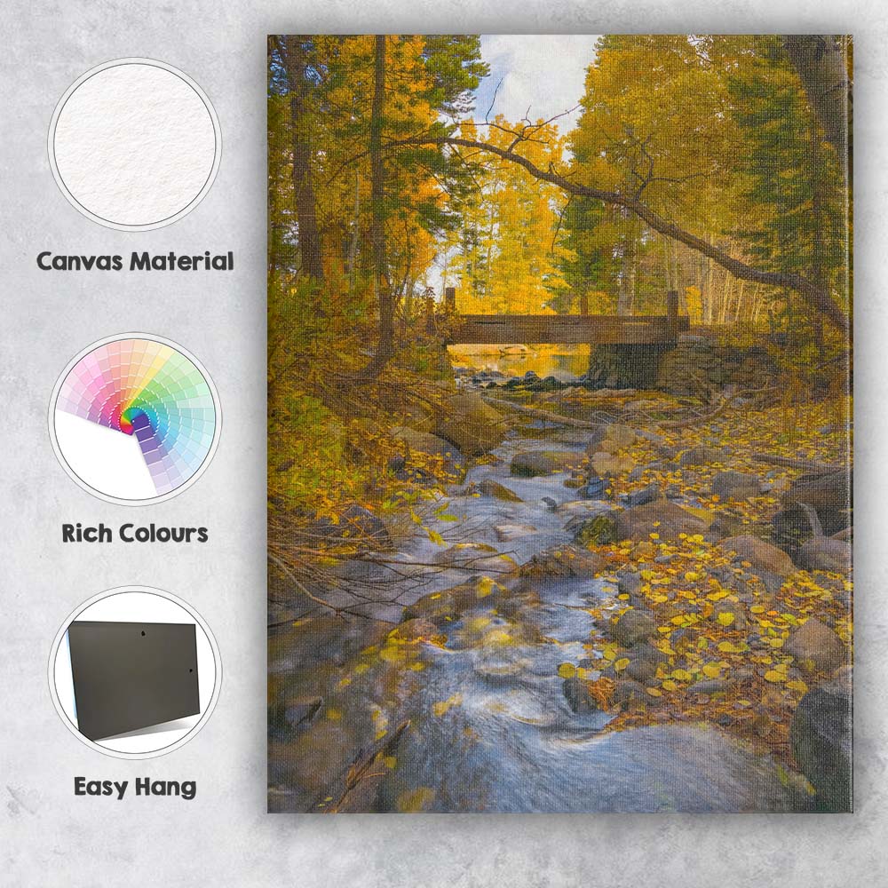 Golden Autumn Forest Bridge and Stream Nature Photography Canvas Wall Art Print Decor Picture Ready to Hang