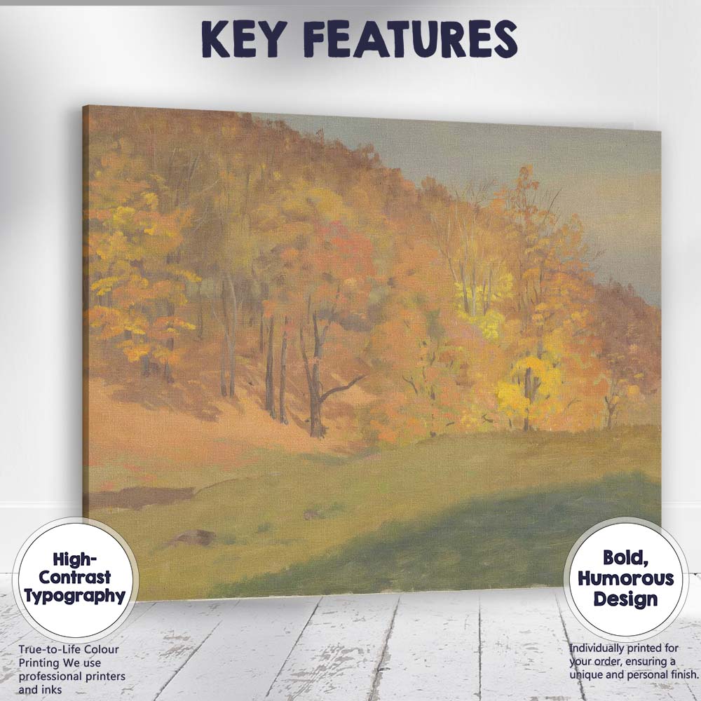 Golden Autumn Forest Hillside Landscape Painting Canvas Wall Art Print Decor Picture Ready to Hang
