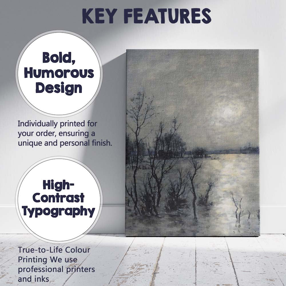 Misty Flooded River Monochrome Waterscape Atmospheric Landscape Canvas Wall Art Print Decor Picture Ready to Hang