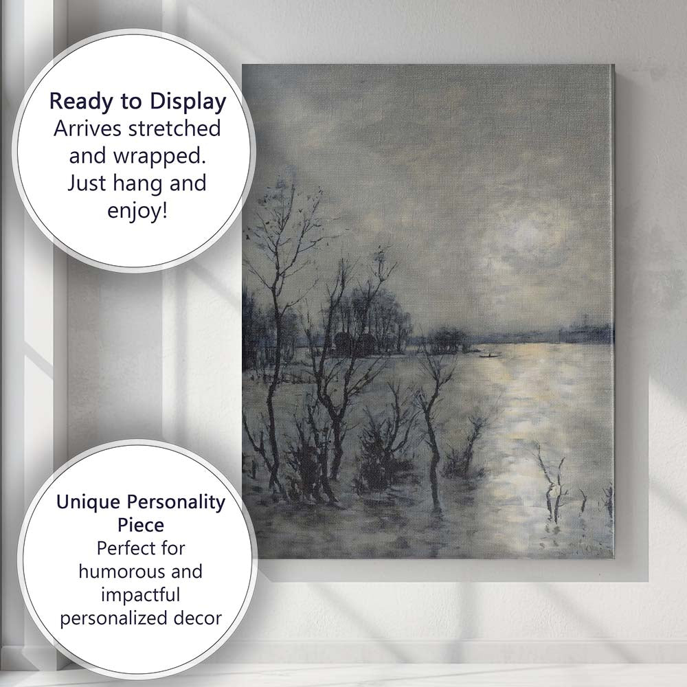 Misty Flooded River Monochrome Waterscape Atmospheric Landscape Canvas Wall Art Print Decor Picture Ready to Hang