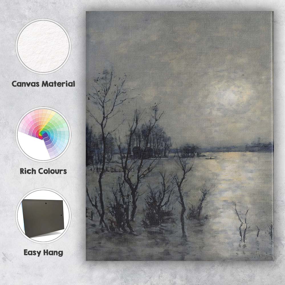 Misty Flooded River Monochrome Waterscape Atmospheric Landscape Canvas Wall Art Print Decor Picture Ready to Hang