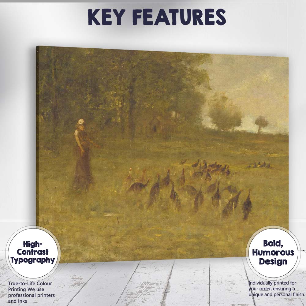 Country Woman Herding Turkeys Across Misty Meadow Tonalist Landscape Canvas Wall Art Print Decor Picture Ready to Hang
