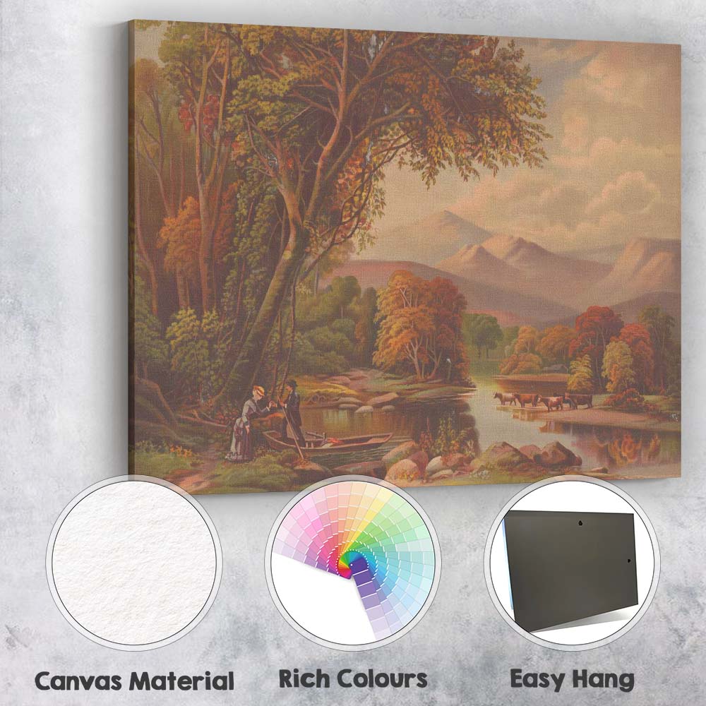 Romantic Lakeside Mountain Landscape With Figures Canvas Wall Art Print Decor Picture Ready to Hang