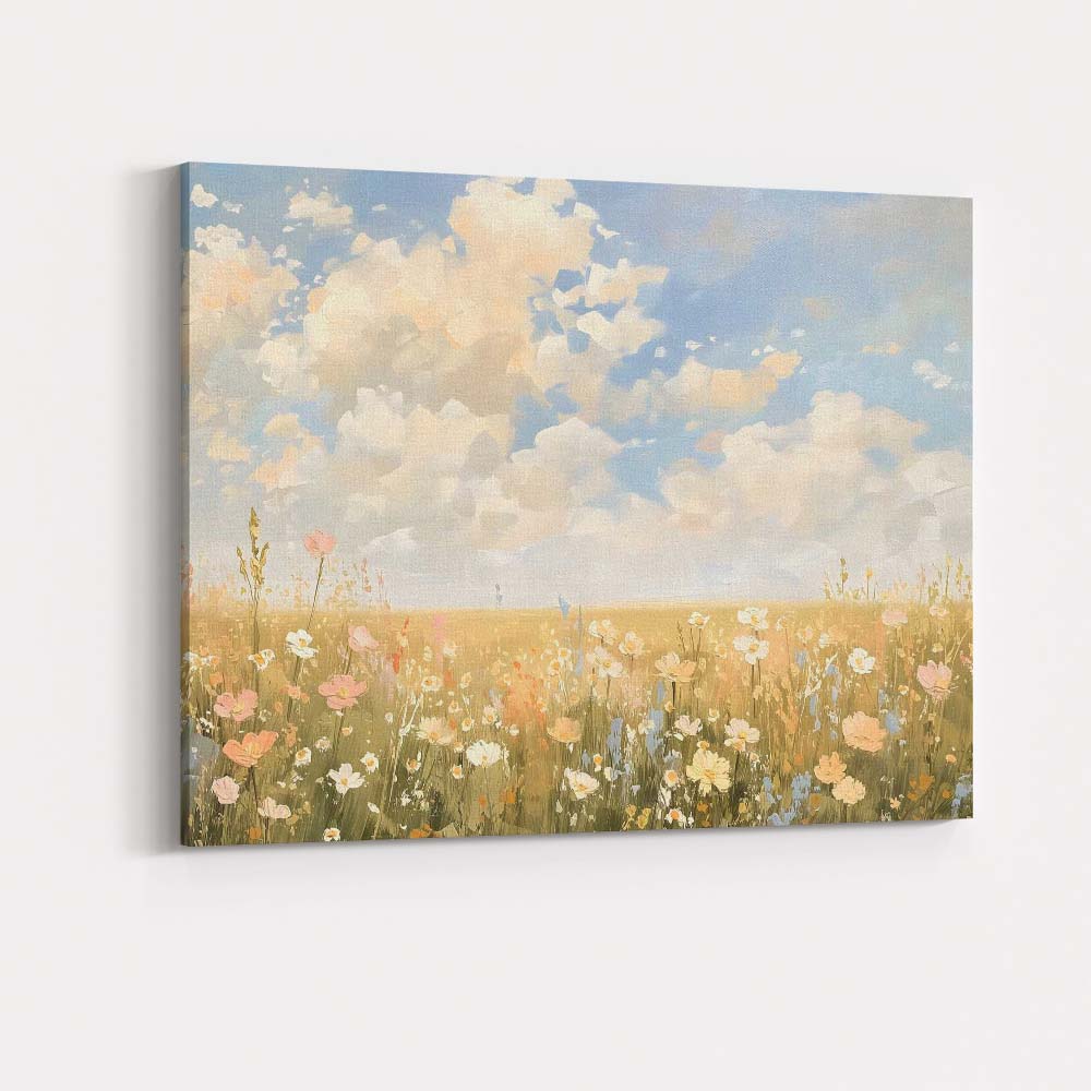 Pastel Wildflower Meadow Under Cloudy Sky Canvas Wall Art Print Decor Picture Ready to Hang