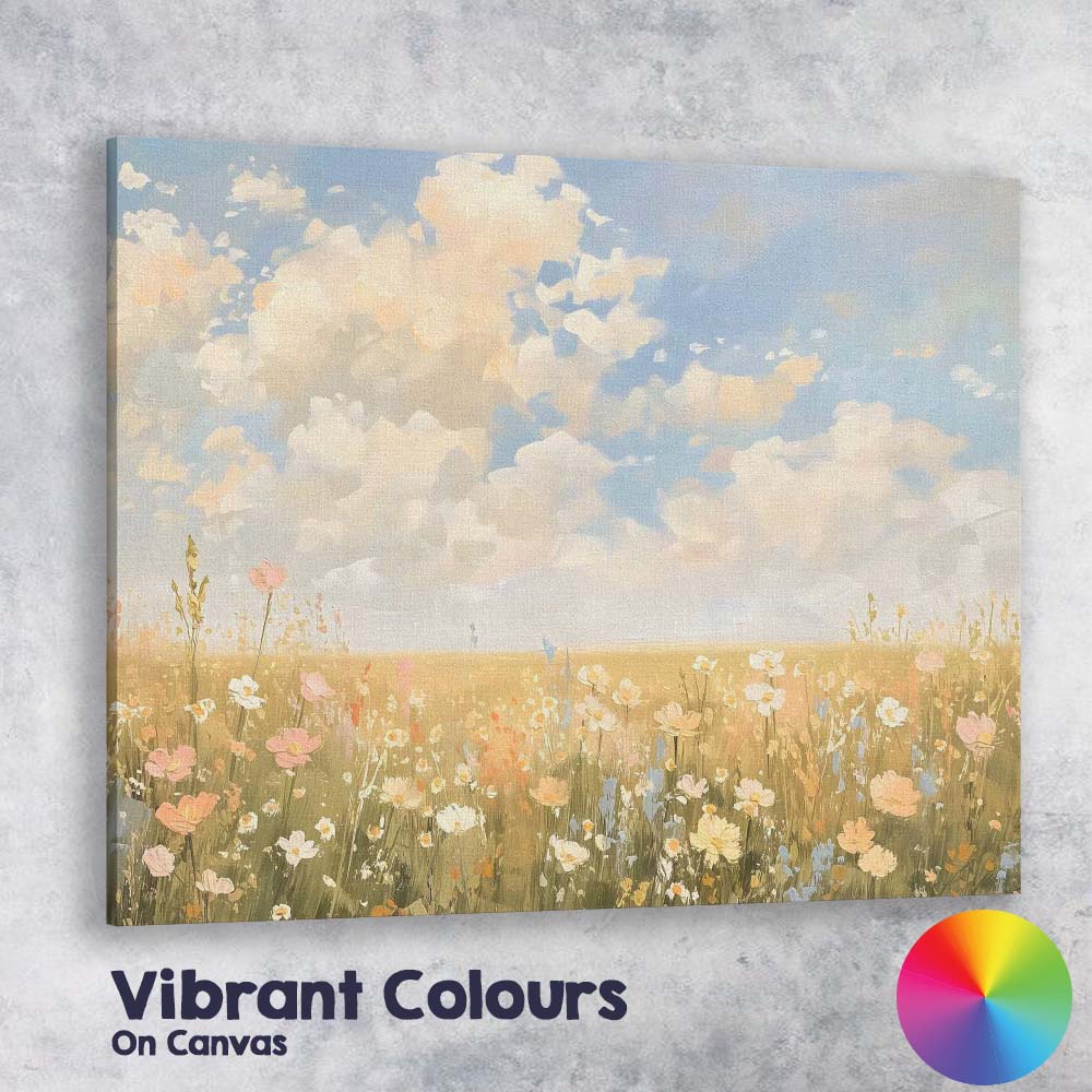 Pastel Wildflower Meadow Under Cloudy Sky Canvas Wall Art Print Decor Picture Ready to Hang