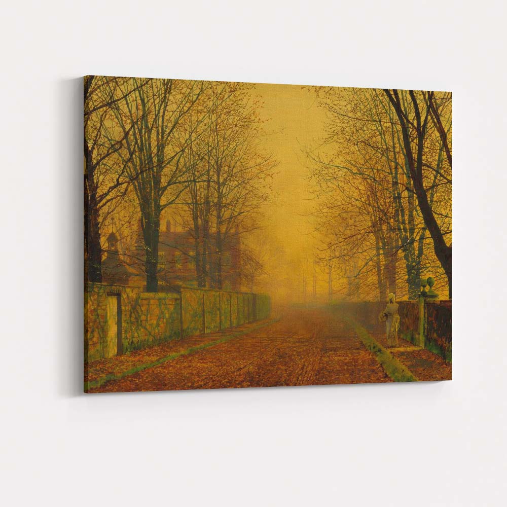 Golden Autumn Avenue Misty Tree Lined Road Painting Canvas Wall Art Print Decor Picture Ready to Hang