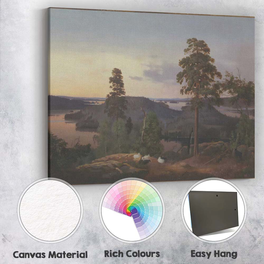 Scandinavian Lake View Pine Forest Evening Landscape Painting Canvas Wall Art Print Decor Picture Ready to Hang