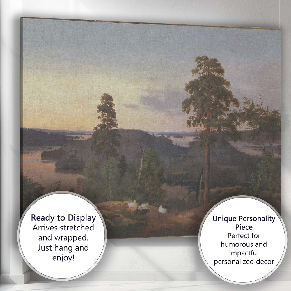 Scandinavian Lake View Pine Forest Evening Landscape Painting Canvas Wall Art Print Decor Picture Ready to Hang