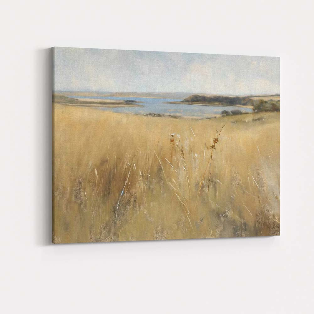 Soft Coastal Lake View Golden Grassland Landscape Painting Canvas Wall Art Print Decor Picture Ready to Hang