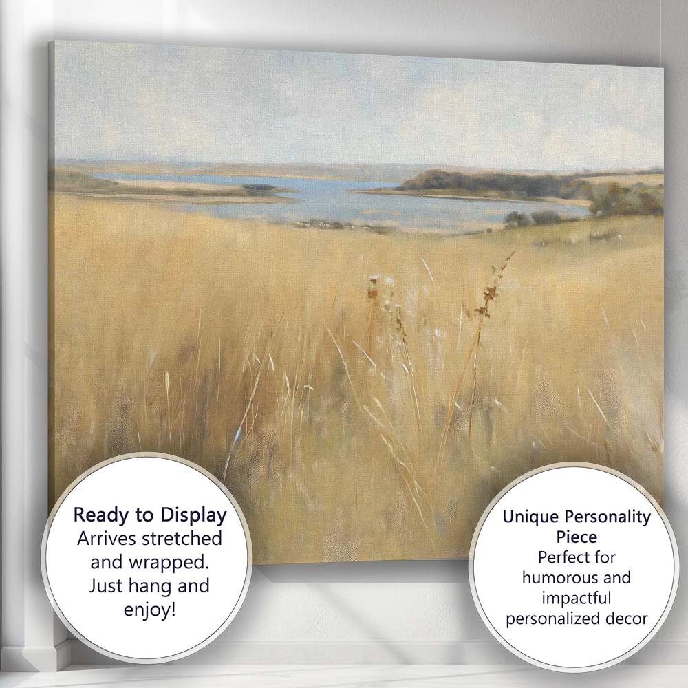 Soft Coastal Lake View Golden Grassland Landscape Painting Canvas Wall Art Print Decor Picture Ready to Hang