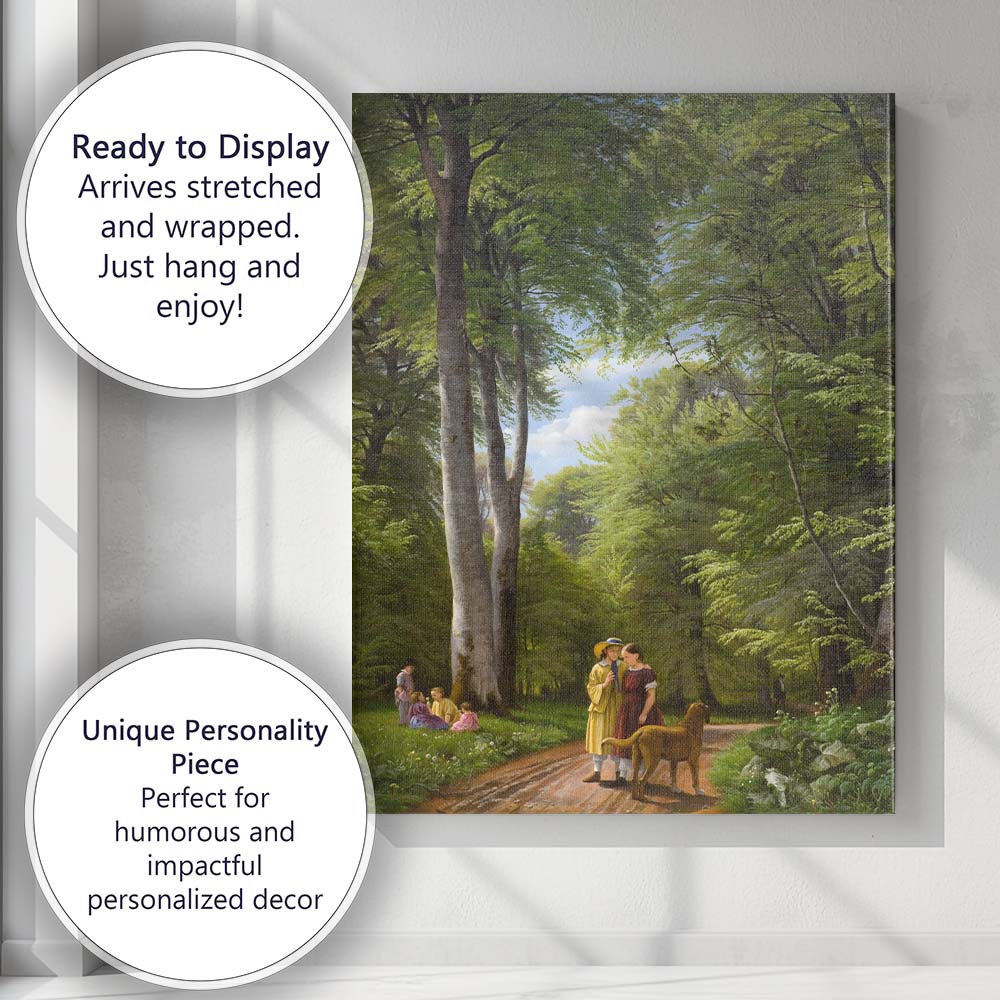 Sunlit Green Forest Path Figures And Dog Romantic Landscape Canvas Wall Art Print Decor Picture Ready to Hang