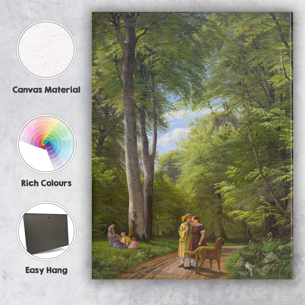 Sunlit Green Forest Path Figures And Dog Romantic Landscape Canvas Wall Art Print Decor Picture Ready to Hang