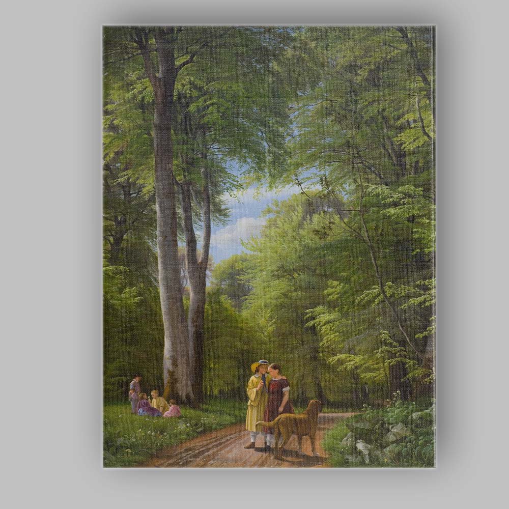 Sunlit Green Forest Path Figures And Dog Romantic Landscape Canvas Wall Art Print Decor Picture Ready to Hang