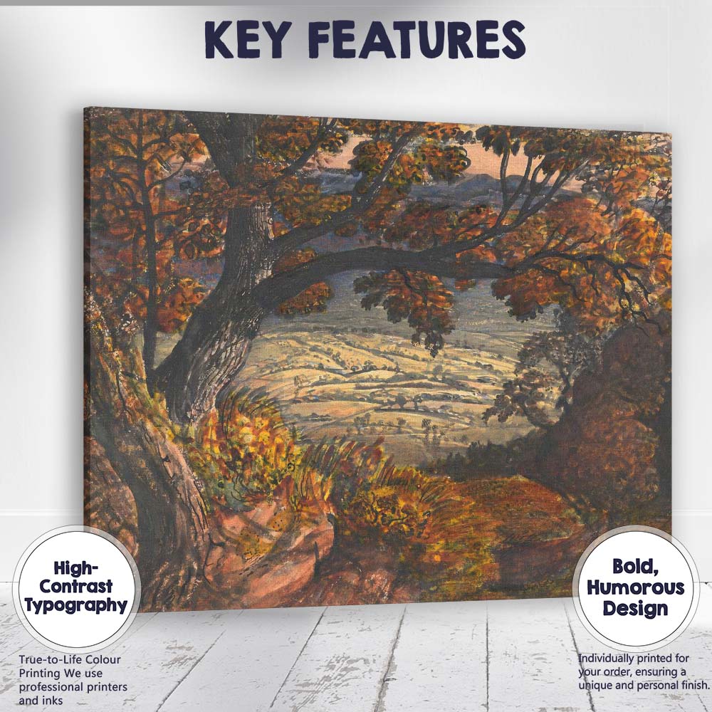 Autumn Oak Tree Overlooking Rolling Countryside Painting Canvas Wall Art Print Decor Picture Ready to Hang