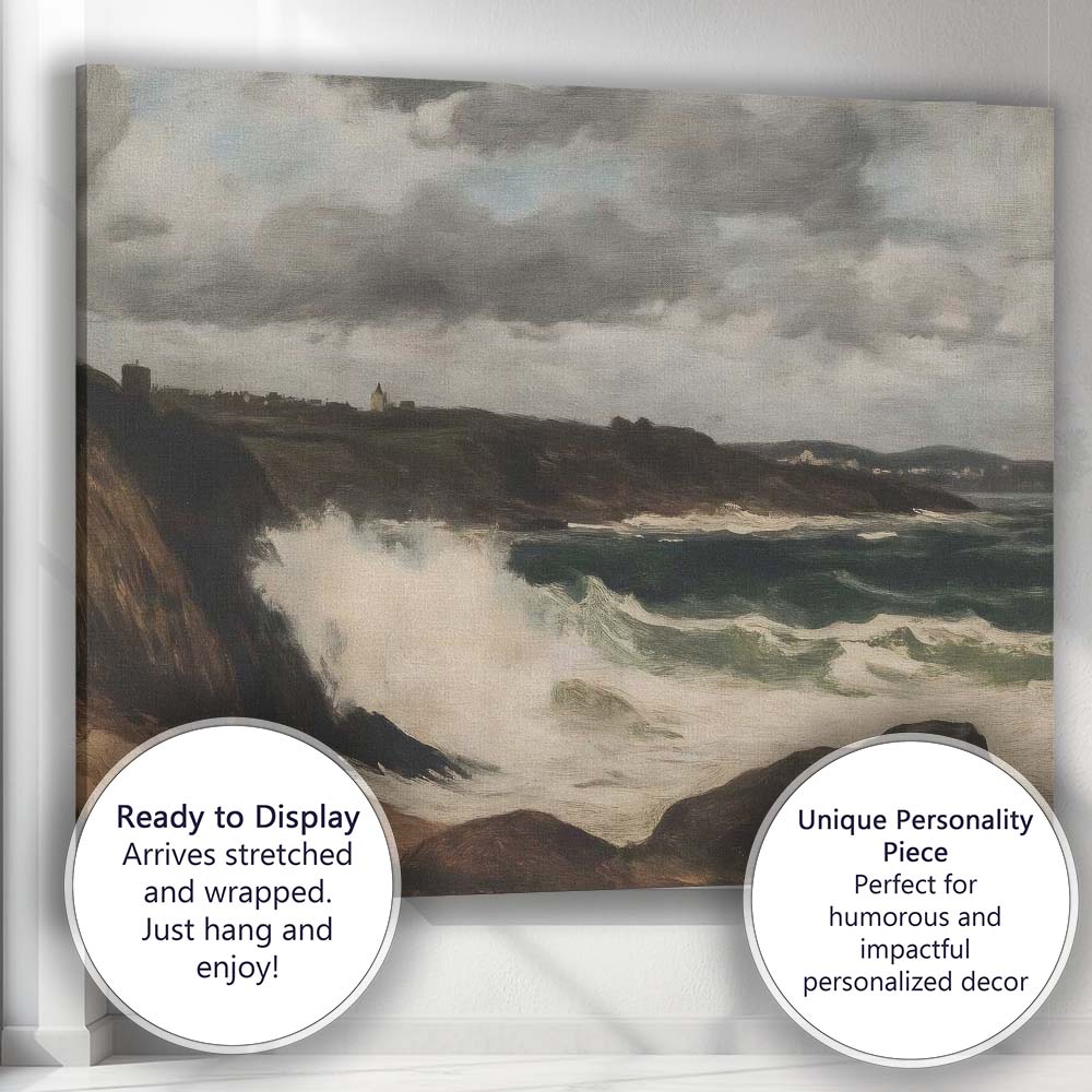 Dramatic Coastal Waves Rocky Shore Seascape Painting Canvas Wall Art Print Decor Picture Ready to Hang