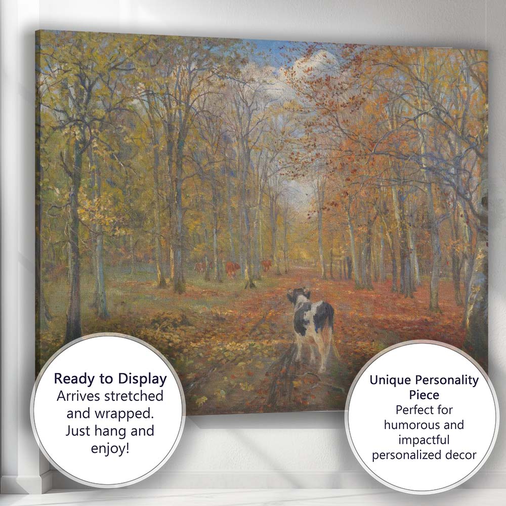Autumn Forest Track With Grazing Cattle Landscape Canvas Wall Art Print Decor Picture Ready to Hang