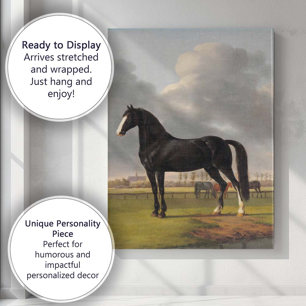 Black Horse Portrait In Pastoral Meadow Classical Country Landscape Canvas Wall Art Print Decor Picture Ready to Hang