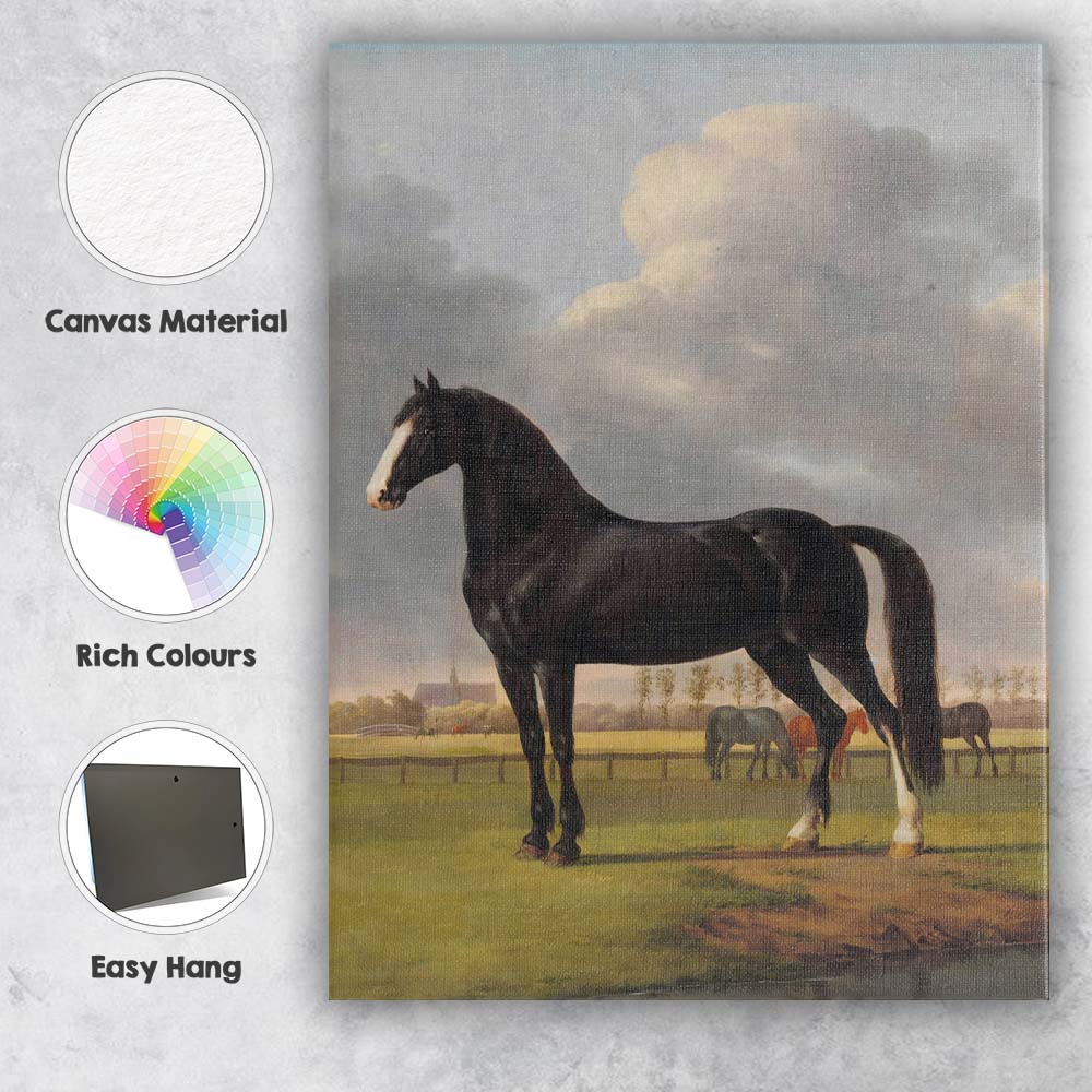 Black Horse Portrait In Pastoral Meadow Classical Country Landscape Canvas Wall Art Print Decor Picture Ready to Hang