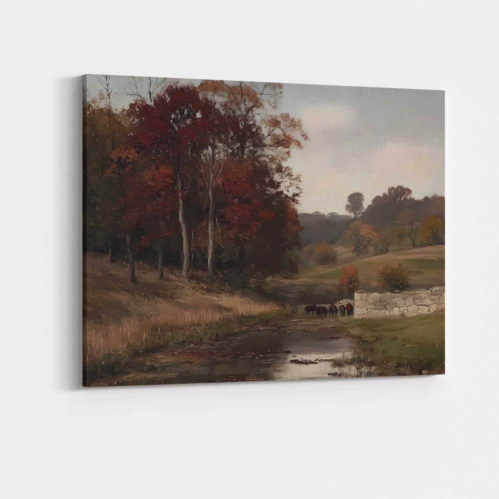 Autumn Countryside Stream With Horses Landscape Oil Painting Canvas Wall Art Print Decor Picture Ready to Hang