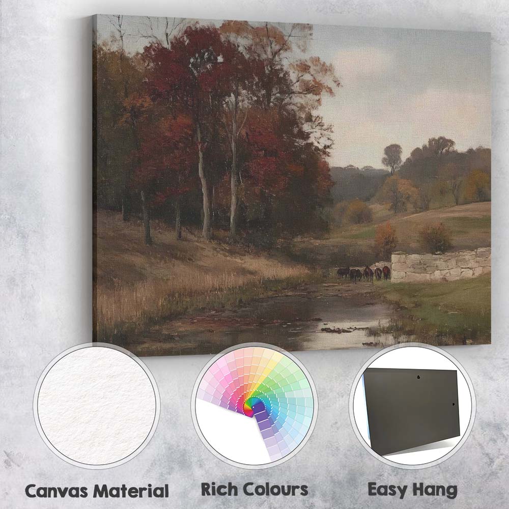 Autumn Countryside Stream With Horses Landscape Oil Painting Canvas Wall Art Print Decor Picture Ready to Hang