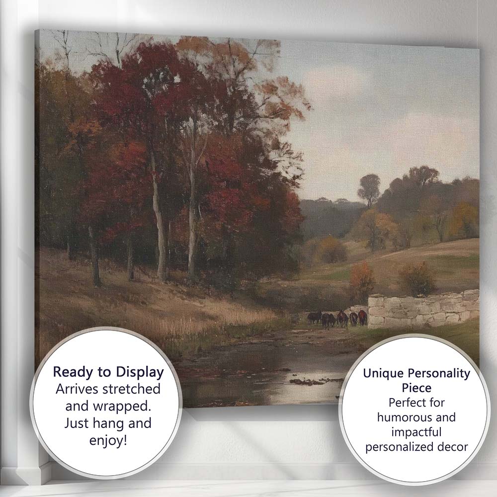 Autumn Countryside Stream With Horses Landscape Oil Painting Canvas Wall Art Print Decor Picture Ready to Hang
