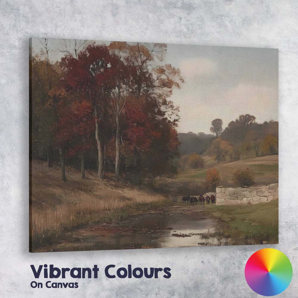 Autumn Countryside Stream With Horses Landscape Oil Painting Canvas Wall Art Print Decor Picture Ready to Hang