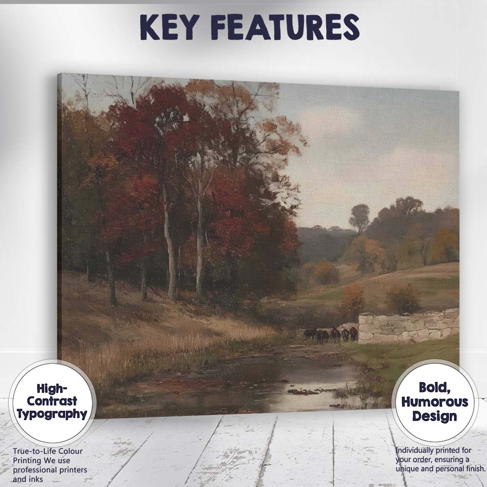 Autumn Countryside Stream With Horses Landscape Oil Painting Canvas Wall Art Print Decor Picture Ready to Hang
