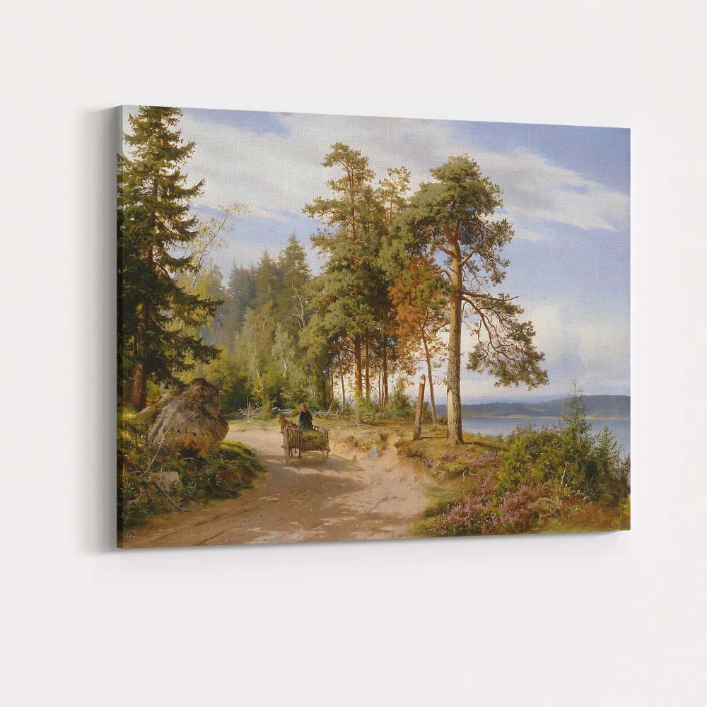 Sunlit Forest Road Beside Lake Nordic Landscape Oil Painting Canvas Wall Art Print Decor Picture Ready to Hang