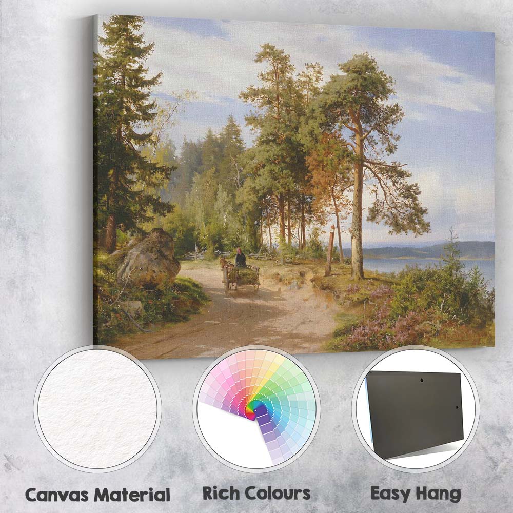 Sunlit Forest Road Beside Lake Nordic Landscape Oil Painting Canvas Wall Art Print Decor Picture Ready to Hang